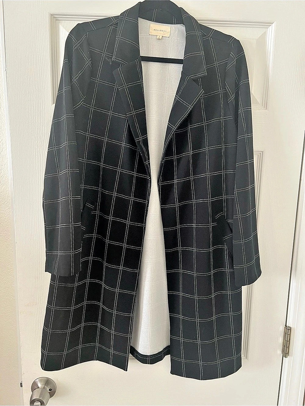 MELLODAY Plaid Open-Front Longline Blazer Jacket in Black & White Small